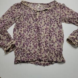 Decree Blouse Womens Large Popover Tie Top Purple Floral Sheer Long Sleeve Shirt